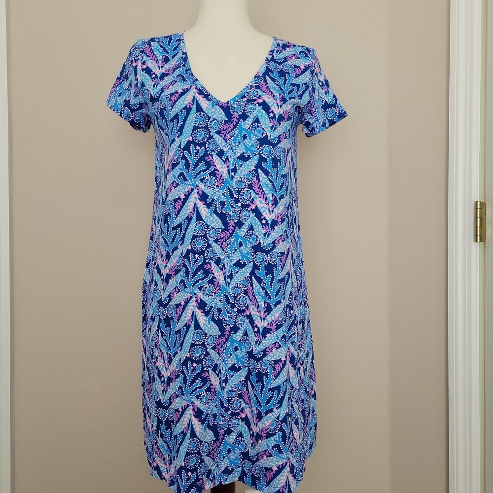 Lilly Pulitzer Etta V Neck Shirt Dress Size S Blue Pima Cotton EUC Coral